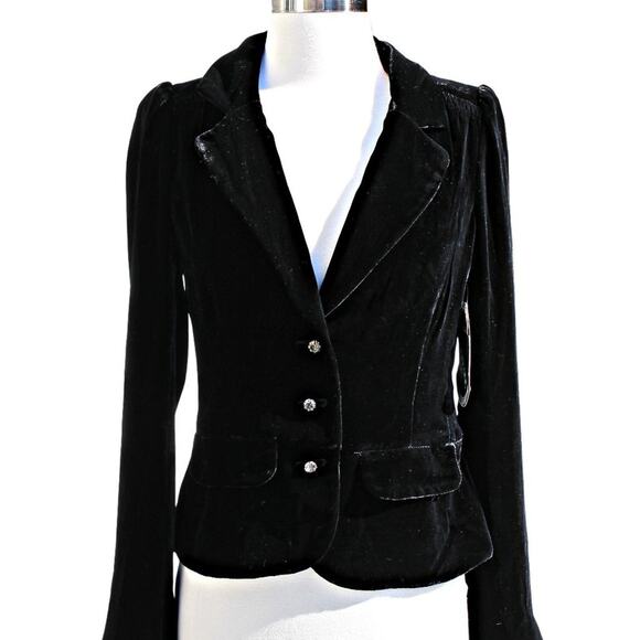 Juicy Couture Black Crushed Silk Velvet Blazer Cropped Rhinestone Buttons Size 4 - Picture 4 of 14